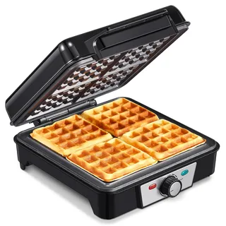 Waffeleisen für 4 Belgische Waffeln,1200W Waffelautomat mit Anti-Überlauf, Bräunungsregler, Antihaft-Platten & Kontrollleuchten