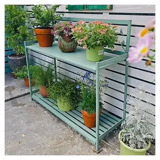 Pflanzbank für den Außenbereich, Terrasse, Metall, Pflanztisch mit 2-stöckigem offenem Regal, Garten-Arbeitsplatz-Tisch zum Bepflanzen, langlebige und stilvolle Gartenmöbel