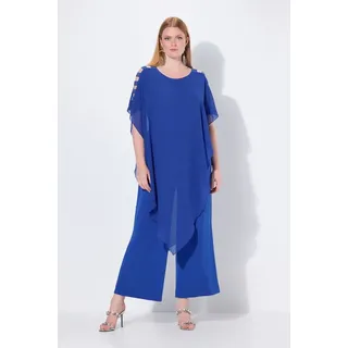 Ulla Popken Damen große Größen Übergrößen Plus Size Jumpsuit, Einteiler, Jersey, Chiffon-Überwurf, weites Bein Dunkles Saphir 54+ 842463740-54+ - 45W / 32L