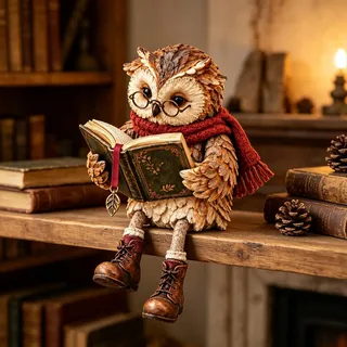 Generisch Figur Einer lesenden Eule, Eulenfigur mit Buch, rustikale Vintage-Regalfigur Originelles Geschenk für Bücherliebhaber – mit Brille, Schal & Stiefeln; Eulen-Deko im Landhausstil (1PCS)