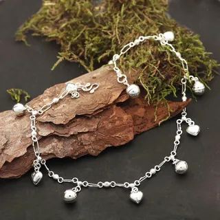 Drachensilber Fußkettchen Klangglöckchen und Herzen 925 Silber Fußschmuck - Silber