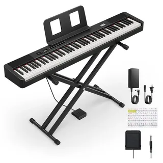 Donner Digitalpiano 88 Tasten Gewicht Digitalpiano mit Ständer, Sustain-Pedal DEP-20 Lite (Set, mit Ständer, Haltepedal, und Tastaturaufklebern), für Anfänger Tragbares E-Piano schwarz