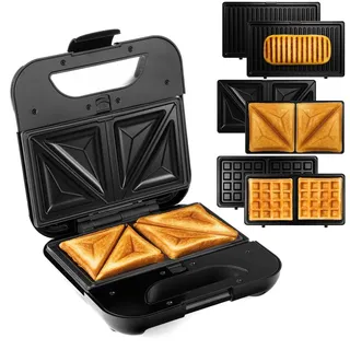 LEHMANN Multifunktion Sandwichmaker 3 in 1, Austauschbaren Platten [Waffeleisen, Kontaktgrill, Sandwichtoaster], 800W - Schwarz