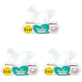 Pampers Sensitive Baby Feuchttücher, 260 Tücher (5 x 52), ohne Duft, für eine sanfte und weiche Reinigung (Packung mit 3)