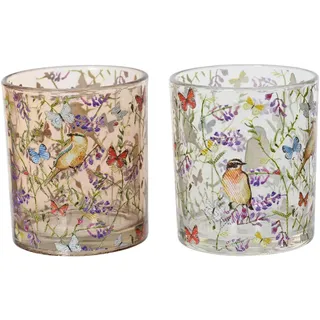 Teelichthalter Glas 9cm 1 Stück Sortiert - Teelichtglas mit Blumenmotiv - Glas für Teelichter - Kerzenhalter Windlicht - Kerzenglas Tischdeko Hochzeitsdeko Gartendeko Frühlingsdeko - Transparent