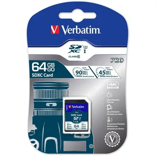 Verbatim Pro U3 SDXC-Karte 64GB - SD-Karte - Für 4K-Videoaufnahmen - Wasser- und stoßfest - schwarz