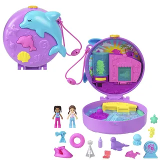 Polly Pocket Puppen und Spielset, Delfin Retten und Spielen Schatulle, Tierspielzeug mit 2 kleinen Puppen und Meerestieren, Zubehörteile rund um das Thema Meer, HWN96