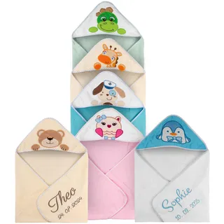 Wuff-Dogsworld Baby Kapuzenhandtuch mit Namen & Geburtsdatum Bestickt, personalisiertes Badetuch, viele Motive & Farben, 100% Baumwolle