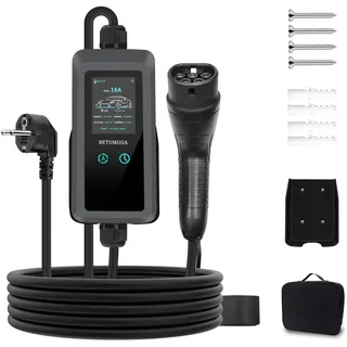 BETUMODA Typ 2 Schuko EV Charger 3,68kW | 8–16A Einstellbar, 7m | Tragbares Ladekabel Elektroauto, Mobile Wallbox mit LCD Display, Wasserdicht IP65, Für PHEV & EV IEC 62196-2