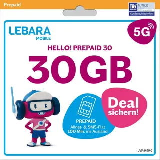 LEBARA Prepaid SIM-Karte mit Hello! 30 Prepaid Tarif ohne Vertrag | 30 GB Datenvolumen inkl. 5G | Allnet Flat | 100 Minuten ins Ausland