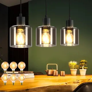 ZMH LED Pendelleuchte Esstisch Hängelampe - Schwarz Esstischlampe Hängend E27 Hängeleuchte Vintage 3 Flammig Esszimmerlampe Retro Pendellampe für Esszimmer Küche Wohnzimmer, 6 x G80 Glühbirne inkl.