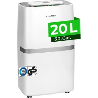 KLAMER Luftentfeuchter elektrisch 20L in 24h mit 5,5L Tank – Leiser, energieeffizienter Raumentfeuchter mit Smart Sensor, Timer & Wäschemodus – Gegen Schimmel, Feuchtigkeit & Kondenswasser