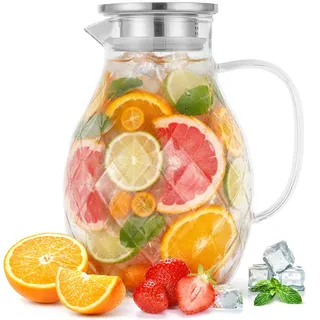Premium Borosilikat Glaskaraffe + Deckel + Ausguss - 2 Liter - Borosilikatglas Wasserkrug mit Griff - Karaffe für Heiß- / Kaltgetränke - Eistee Glaskanne