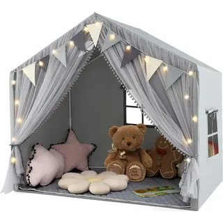 COSTWAY Spielhaus Kinder Indoor, Kinderzelt mit Matte und Lichtern, Spielzelt Kinder, Kinderspielhaus, Kinderzimmer Dekor Zelt für Kinder 3+ Grau - Grau