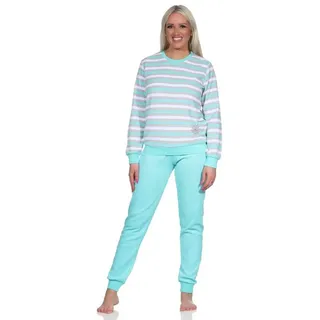 normann Damen Frottee Schlafanzug lang, Pyjama in Ringel-Optik und Eiskristall-Motiv, Farbe:Mint, Größe:36-38 - 36-38