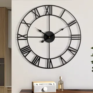 1st owned Große Wanduhr, Metall Retro römische Ziffern Uhr, Moderne runde leise Wanduhren, leicht zu lesen für Wohnzimmer/Zuhause/Küche/Schlafzimmer/Büro/Schule Dekor (schwarz, 45,7 cm)