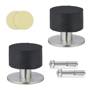 Relaxdays Türstopper, 2er Set, selbstklebend o. zum Schrauben, Edelstahl & Gummi, Boden- Wandpuffer, schwarz/silber