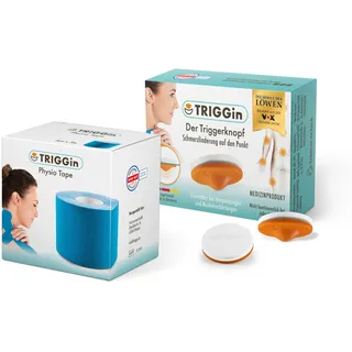 TRIGGin Physio Tape in blau & TRIGGin Triggerknopf Set, Verspannungen & umliegende Faszien geschmeidig machen Durchblutung fördern | Wiederverwendbar [Made in Germany]