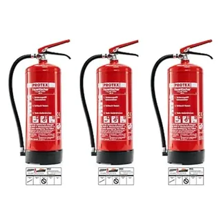 PROTEX – 3 Pulver-Feuerlöscher – Protex Pulverfeuerlöscher – 6 kg - für die Brandklassen ABC – Zertifiziert nach DIN EN 3 und CE – je 9,5 kg – mit praktischer Halterung – mit Prüfplakette - Made in EU
