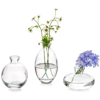 LuxusKollektion Tischvase Vintage Mini Glasvase Set 3-teilig Klar Handmade Blumenvase für blau
