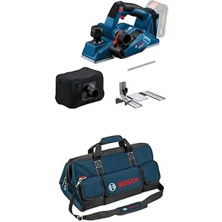 Bosch Professional 18V System Akku Hobel GHO 18V-26 (bürstenloser Motor, inkl. Staubbeutel, Parallelanschlag, 1x Wood Razor Wendemesser) + Bosch Professional Handwerkzeugtasche Größe L