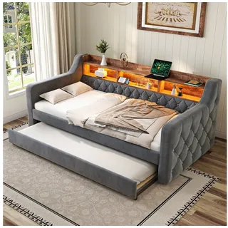 HAUSS SPOLE Schlafsofa dauerschläfer 90×190 Tagesbett ausziehbar mit Schlaffuntion & Stauraum, aus Samt mit LED-Ambiente, USB-C-Anschluss und Ausziehbett, ohne Matratze grau