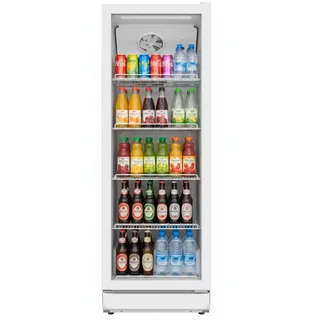 SCHOEPF Kühlschrank mit Glastür - 300 L - gewerblicher Getränkekühlschrank - Umluft - Flaschenkühlschrank - 4 verstellbare Drahtablagen - 169cm Höhe - GKS300 (Weiß)