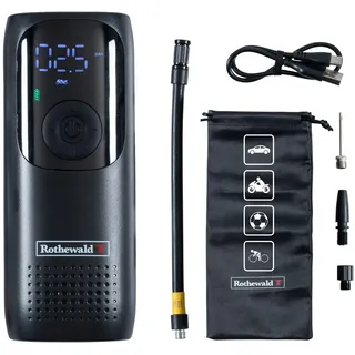 Rothewald Akku Druckluftpumpe 10 Bar, Elektrische Luftpumpe mit Digitalem Manometer, Reifenpumpe für Auto Motorrad Fahrrad Ball, Kompressor Akku Tragbar, USB-C Ladeanschluss
