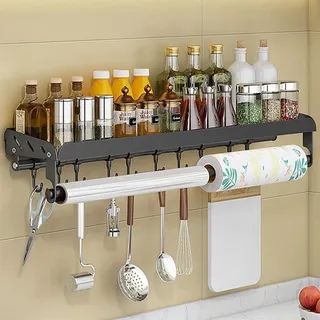 Shakub Gewürzregal Wand, Ohne Bohren Küchenregal, Gewürzständer Hängend aus Edelstahl mit Küchenrollenhalter und Haken, Wandregal Hängend für Küche Esstisch Schminktisch Büro (60cm und 10 Haken)