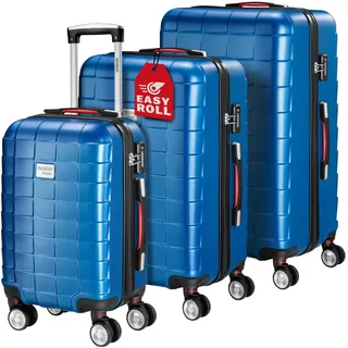 MONZANA® 3tlg. Kofferset Exopack TSA Schloss Hartschalen Koffer M-L-XL Gel-Griffe 4 Zwillingsrollen Standfüße Trolley Rollkoffer Reisekoffer Blau - Blau