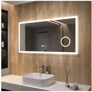 AQUALAVOS Schminkspiegel LED Badspiegel mit Beleuchtung Kosmetikspiegel mit LED Digitaluhr, 120x60cm, Beschlagfrei Schminkspiegel, Wandmontage, Dimmerfunktion