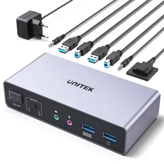 Unitek KVM Switch für 2 Monitore und 2 Computer 4K@60Hz HDMI Displayport KVM-Switcher 3 USB-Ports für gemeinsame Nutzung von Tastatur Maus Mikrofon Headset-Anschlüsse 2 USB-B-Kabel 5V DC