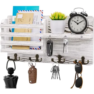 SWTYMIKI Schlüsselbrett mit Magnet Hängend - Schlüsselhalter Holz mit 4 Doppel Schlüsselhaken, Dekorative Schlüsselkasten mit Ablage Holz für Eingang, Mudroom, Flur, Schlafzimmer, Wohnzimmer, Weiß