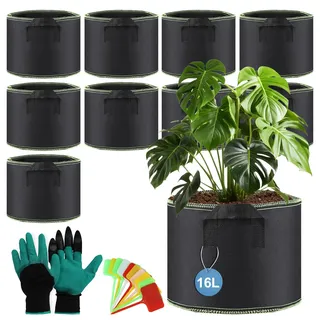 efuturetime 10 STK. 16L Stofftopf Rund mit Griff Pflanzenschilder Handschuh φ29 × 45 cm Blumentöpfe aus Stoff Atmungsaktiv Pflanzsack Filz für Gemüse Blumen Pflanzen Drinnen und Draußen, Schwarz