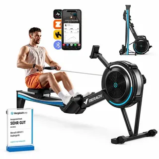 Merach Klappbares Luftwiderstand Rudergerät Merach Bluetooth & LCD, ergonomischer Sitz, verstellbarer Tablet-Halter, bis 158 kg, NovaRow R50 - Schwarz