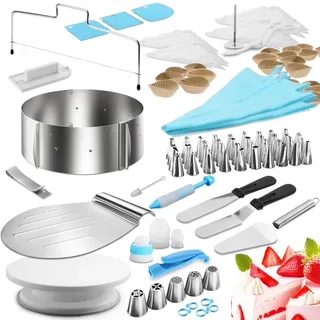4smile Torten-Zubehör-Set 144 Teile - Tortenring verstellbar hoch 8,5 cm + Tortenschneider + Tortenheber + Streichwerkzeug + Tortenplatte drehbar + XXL Torten-Deko Set