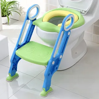 Toilettensitz Kinder mit Treppe, Aufun Toilettentrainer Faltbar Leiter Lerntöpfchen mit Treppe Baby Wc-Sitz mit PU Gepolstert Kissen und Griffen Töpfchen (Blau und Grün)