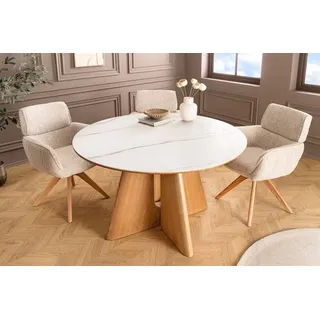 riess-ambiente Esstisch ORGANIKO 120cm weiß/natur - Eichenholz-Optik, Keramik, Marmor-Design (Einzelartikel, 1-St), stilvoller Küchentisch mit runder Tischplatte - ideal für 4 Personen weiß