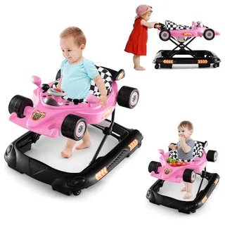 COSTWAY 4 in 1 Baby Lauflernhilfe, Lauflernwagen Autoförmig mit verstellbarer Höhen & abnehmbarem Spieltablett, Baby Walker klappbar mit Musik, Licht & Rädern, Gehfrei Baby ab 6 Monate (Rosa)