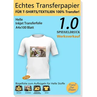 TransOurDream ECHTE Inkjet Bügelfolie Transferfolie Transferpapier A4X100 Blatt, T-Shirt Folie zum Aufbügeln,Bügelfolie für helle T-Shirt für Tintenstrahldrucker,Textilen Transferfolie(1-100)