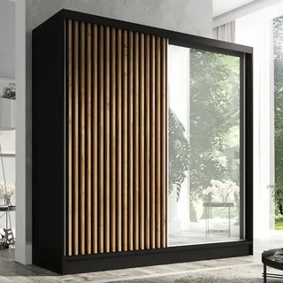 A&J MöbelLand Schwebetürenschrank LINA 2-türig Schrank 200 cm mit Spiegel Schwarz