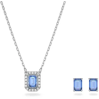 Swarovski Una Set, Blaue und Rhodinierte Halskette und Ohrringe mit Strahlenden Swarovski Kristallen