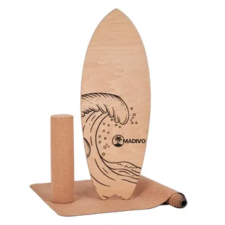 MADIVO Balanceboard 3in1 Set | Surfboard + Korkrolle + Korkmatte | Gleichgewichtstrainer Indoor & Outdoor | Balance Board aus Holz + inklusive Rolle und Matte | Surf Skateboard Koordinationstraining