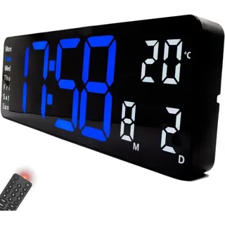 Digitale Wanduhr, riesige LED-Digitalwanduhr mit Temperatur und beleuchtetem Display in Blau-Weiß - Lablanc