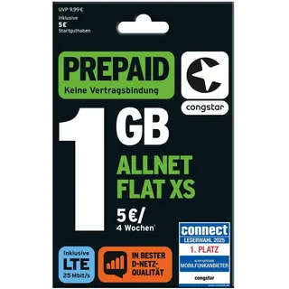 Congstar Prepaid ALLNET XS SIM-Karte ohne Vertrag I 1 GB Prepaid-Paket | 5 € Startguthaben I In D-Netz Qualität I 5G mit 25 Mbit/s I Telefonie & SMS Flat in alle deutschen Netze I EU-Roaming inkl.