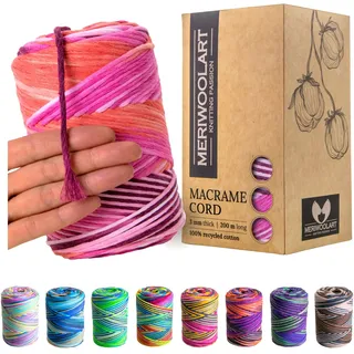 MeriWoolArt® Makramee Garn - Makramee Garn 3mm farbig 200m - Super weiches Garn, einfach gedrehte Makramee Schnur - Öko-Tex 100% recyceltes Baumwollgarn farbig - DIY Boho Deko Makramee