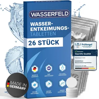 WASSERFELD® Wasserentkeimungstabletten [26 Stück] - Made in Germany - NSF geprüfte Wasseraufbereitung Tabletten für 2.600L Trinkwasser - Notfall Ausrüstung - Trinkwasseraufbereitung
