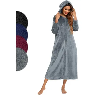 Figarge Bademantel Damen Reißverschluss Kapuze Bademantel Damen Frottee Baumwollsamt Frottee Velours Luxus Morgenmantel Hausmantel (DE/NL/SE/PL, Alphanumerisch, XL, Regular, Regular, Dunkelgrau) - XL