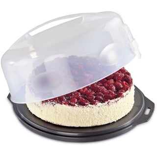 xavax Kuchen-Transportbox rund mit Deckel Kuchenbehälter 31,5 cm Durchmesser, Innenhöhe 8 cm,Kuchenbox mit Stückeinteilungshilfe,Tortenplatte anthrazit, Transparent