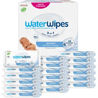 WaterWipes Sensitive+ Newborn & Baby Wipes, Feuchttücher für Neugeborene und Babys, 1080 Stück (18 Packungen), 3-in-1-Reinigung, Pflege, Schutz, 99,9% Wasser, parfümfrei